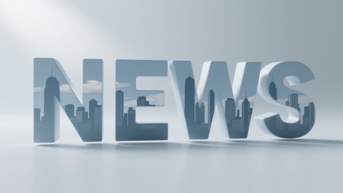 极简主义新闻背景素材，3D立体大写“NEWS”字母悬浮于浅灰色渐变背景，字母内部嵌入城市建筑群剪影，采用冷色调蓝灰色系，柔和天光从左上方照射形成轻微高光与阴影，整体风格干净现代，符合现实光影逻辑，适合作为新闻节目、资讯平台或新闻相关设计的背景素材。预览效果