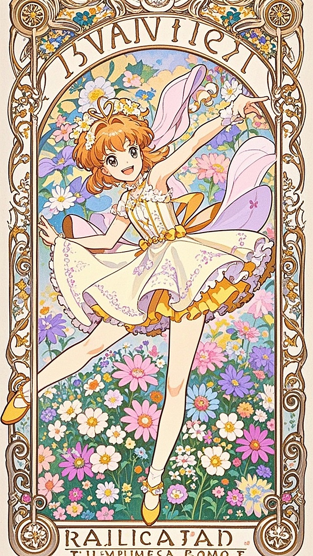 正在舞蹈的精致漂亮的女孩子，开朗大笑，可爱又阳光，柔和的配色，全身，被花朵包围，梦幻的气氛