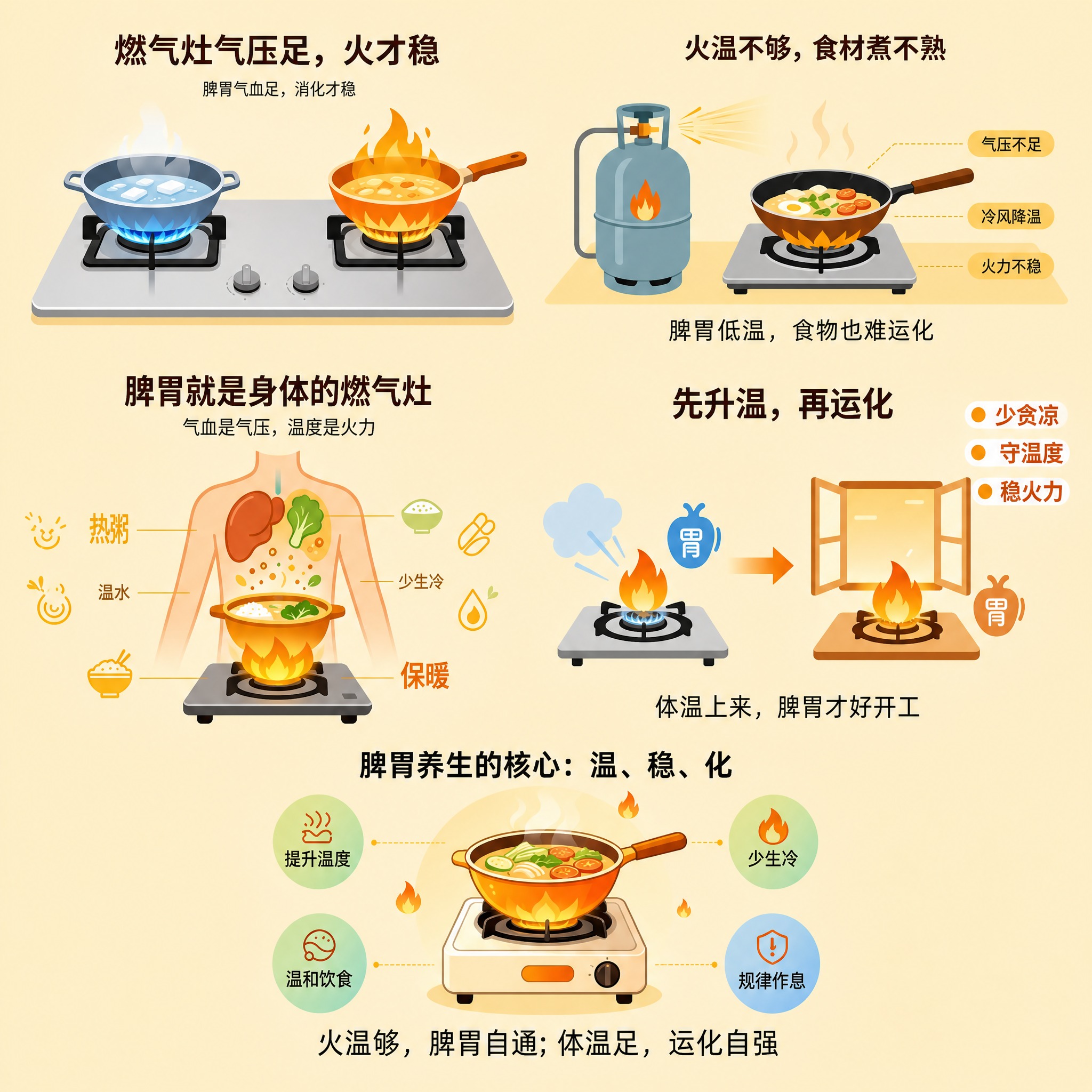 将参考图中所有插画图案（燃气灶、锅具、火焰、煤气罐、人体脾胃示… - 图片创意预览