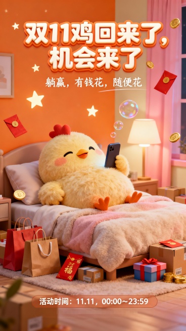双11促销海报，主角是一只毛绒绒胖乎乎的小鸡，晚上舒服地躺在柔软的床上，手里拿着手机刷网购。小鸡表情幸福满足，房间温馨柔和，温馨夜晚氛围，床边堆放着购物袋、快递箱、红包、礼盒。背景为暖橙色、粉米色卧室预览效果