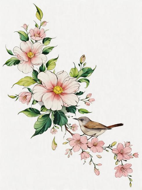 将花卉小鸟线稿整体渲染为高饱和度鲜艳彩色：两朵大花花瓣做奶白色渐变浅粉色，花心鹅黄色，小花朵浅粉色，叶片嫩绿色渐变深翠绿色，小鸟羽毛浅棕灰色渐变深棕黑色，腹部浅米白色，鸟喙深灰黑色，眼睛黑色带白色高光预览效果