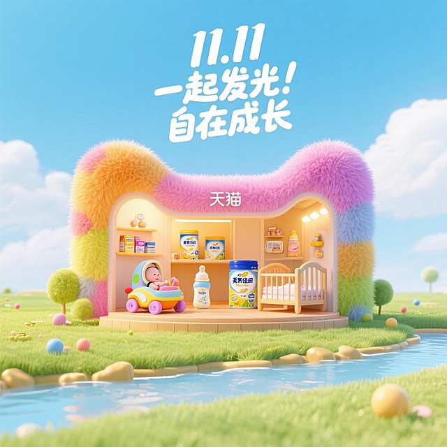 梦幻软3D风微缩场景，毛发生长质感屋檐，卡通童趣设计，温馨治愈色调，融合塑料感元素，营造可爱趣味的儿童成长空间，呼应双十一节日氛围。