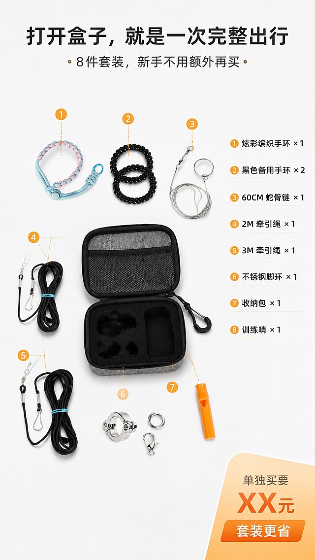 [第3屏] 配件全家福，鹦鹉放飞绳8件套装展示。本屏使用【图13】作为配件布局参考
[氛围/风格] 简约商业摄影风格，干净整洁，柔光均匀
[元素布局] 正上方90度俯视拍摄，收纳包打开放置在画面中间，所有8件配件平铺围绕展开，每个配件用数字引线标注，右侧对应清单文字，角落预留价格锚点位置，整体构图整齐清晰，每个配件完整可见
[光影质感] 柔光箱均匀打光，无明显硬阴影，整体明亮，材质细节清晰
[配色色系] 全局底色 #F8F8F8（浅灰色），主色为配件本身颜色，文字黑色，引线橙色
[视角构图] 正上方俯视，配件均匀分布，层次分明
[文字版式] 主标题「打开盒子，就是一次完整出行」，副标题「8件套装，新手不用额外再买」，配件清单：① 炫彩编织手环 ×1；② 黑色备用手环 ×2；③ 60CM 蛇骨链 ×1；④ 2M 牵引绳 ×1；⑤ 3M 牵引绳 ×1；⑥ 不锈钢脚环 ×1；⑦ 收纳包 ×1；⑧ 训练哨 ×1，角落标注「单独买要 XX 元，套装更省」，文字排版整齐，引线清晰
[比例分辨率] 9:16竖版比例，4K分辨率，文字清晰可辨，高清画质
[负向提示词] 配件缺失，排列杂乱，阴影厚重，文字模糊