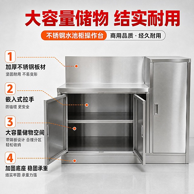 [主图-2] 不锈钢水池柜操作台 核心亮点 结构与储物空间展示
[统一基调] 拼多多风格 大字直白 性价比突出 工业实用风 干净明亮 背景主色浅灰+不锈钢原色 标题字色红色 辅助字色深灰 强调色橙色 字体为粗黑体 字号层级分明 卡片圆角矩形
[画面] 产品正面视角 左侧双柜门打开状态 展示内部大容量储物空间 内部有一层隔板 右侧单门关闭 顶部台面干净整洁 背景为浅灰色渐变 主体占画面65% 产品外观结构与输入图一致 不锈钢拉丝材质 左侧用编号1-4标注核心卖点 分别指向不同部位
[光影质感] 商业摄影质感 侧前光照明 打开的柜门内部光线充足 能看清内部结构 不锈钢表面拉丝纹理清晰 阴影自然 产品立体感强
[配色] 背景浅灰色渐变 主体不锈钢银灰色 标题红色 编号数字橙色 说明文字深灰色 整体简洁明了
[文字版式] 顶部红色粗黑大标题"大容量储物 结实耐用" 左侧竖排4个编号卖点 1号指向柜体写"加厚不锈钢板材" 2号指向柜门写"嵌入式拉手 防磕碰" 3号指向内部写"大容量储物空间" 4号指向底部写"加固底座 稳固承重" 每个编号配简短说明文字 文字不遮挡产品主要结构
[输出要求] 比例1:1 文字清晰可读 产品清晰不变形 柜门开合自然 无错字 无杂乱背景 无水印 无平台Logo