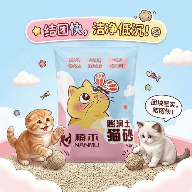 基于现有猫砂包装图，制作可爱风格主图，突出“结团快 洁净低沉”卖点，画面添加软萌小猫玩闹元素，整体风格活泼可爱，主图尺寸1:1预览效果