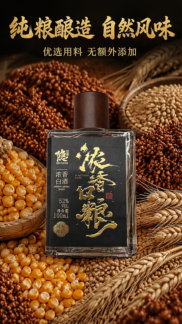 使用商品详情页技能根据商品图「图片1」生成详情页，参考图为「图片1」，商品名称为隐造浓香口粮，卖点为酒体丰满醇厚 酒香丰盈 挂杯细腻柔滑 经典配方 多维生香，适配平台为淘宝/天猫，图片比例为9:16，需求屏数为8张，