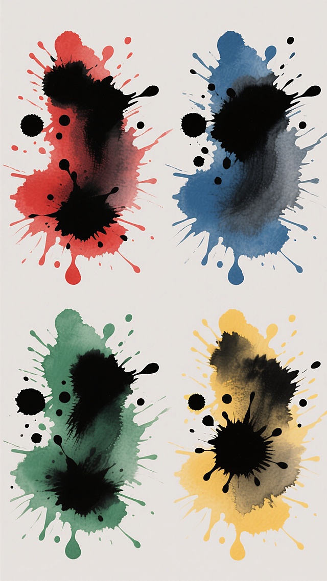 四个不同色彩的墨色飞溅效果，每个飞溅效果都有独特的黑色墨点和灰色渐变层次，呈现出中国水墨画的韵味，元素类目保持为墨点飞溅，整体色彩变换为红色、蓝色、绿色和黄色，四个飞溅效果规整地排布在纯色背景上，形成系列素材集合，风格统一为水墨晕染效果，视觉上具有强烈的艺术感和设计感