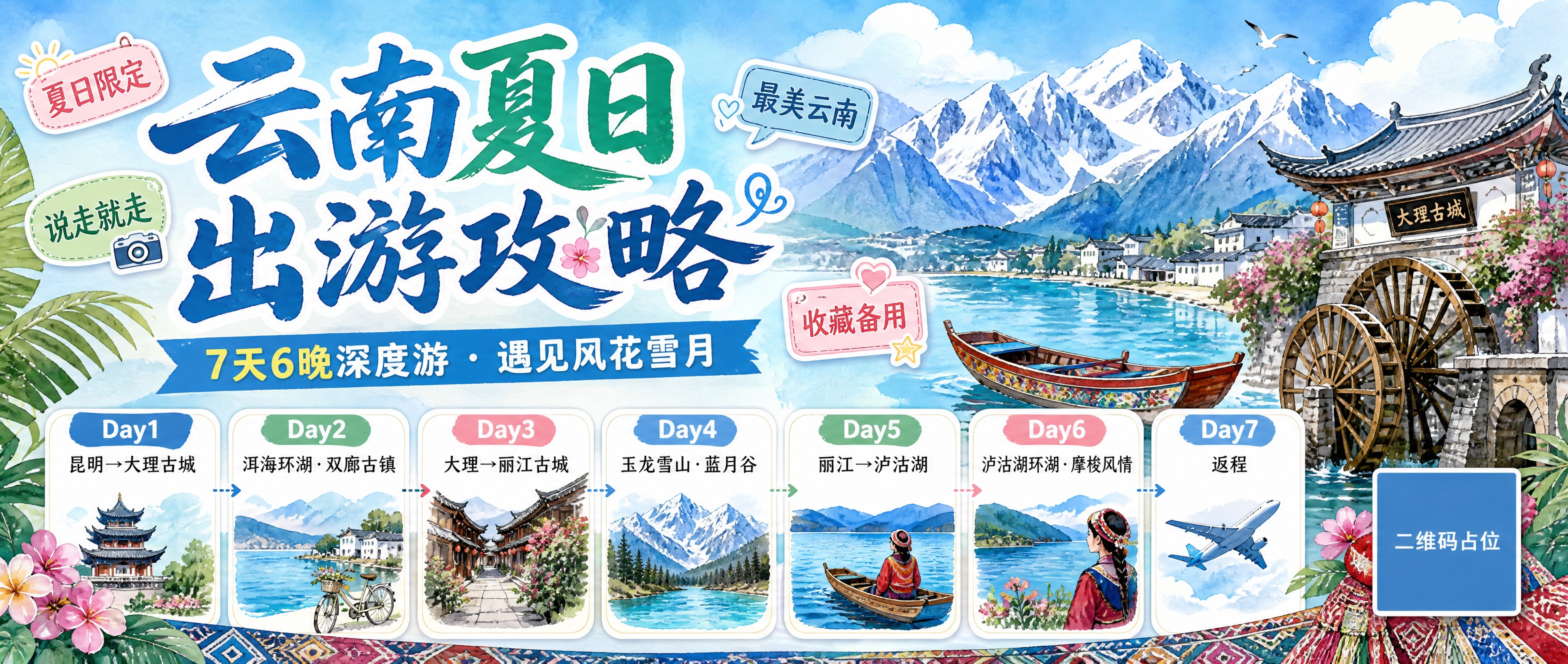 微信公众号封面横版海报，主题为云南夏日出游攻略。手绘水彩风格，… - 图片创意预览