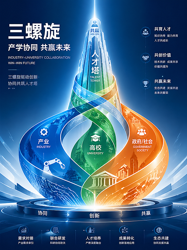 高端抽象风格海报《三螺旋》，主题：产学协同共赢，蓝绿橙三条螺旋线最终汇聚在一起，逐渐向上延伸构筑成一座巍峨的立体人才塔，象征终点共赢，整体风格抽象逻辑，具有高端竞赛感，系统结构层次清晰