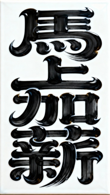 Calligraphy,一幅黑色的艺术字作品,内容是汉字“馬上加薪”,虽然是汉字,但是笔画极粗非常厚实饱满,笔画大体走势是黑体字（横平竖直),笔画非常粗,因为笔画太粗笔画之间相互堆叠交织缠绕,相互融合预览效果