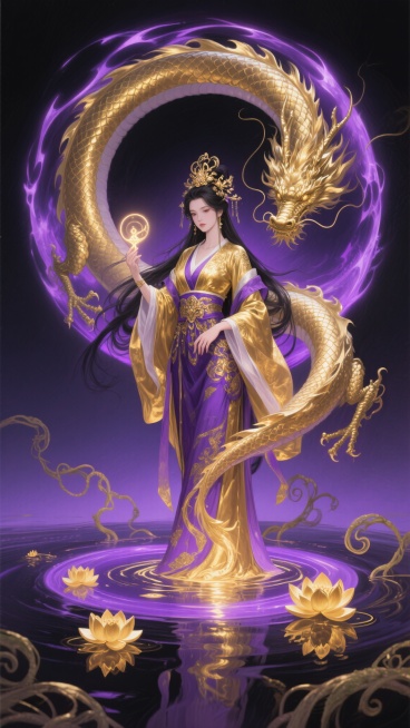 一幅中国风奇幻插画，以深邃神秘的紫色与闪耀的金色为主色调，中心是一位身着华丽金色与紫色相间传统服饰的女性角色，她身姿优雅，长发飘逸，头戴精致金色发饰，手持发光法器。角色周围环绕着一条威严的金色神龙，龙身缠绕着流动的紫色能量光环，龙鳞在光线下闪烁着金属光泽。底部是一个圆形的紫色能量领域，内部漂浮着金色的莲花和卷曲的藤蔓，水面反射着角色与龙的身影，泛起金色涟漪。整体画面采用细腻的厚涂笔触，光影对比……预览效果