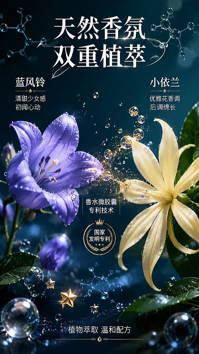 [第3屏] 成分与香调解析-蓝风铃+小依兰天然香氛成分展示。本屏为成分机理专屏，不展示产品包装外观，以香氛成分和原料大图为主视觉。
[氛围/风格] 自然植物香氛风，深绿蓝调背景，高级感微距质感，成分展示型版式。
[元素布局] 画面中央偏左为蓝风铃花特写（大朵绽放，占画面30%），右侧为小依兰花特写（占画面25%）；两朵花之间有淡金色香氛微胶囊粒子飘散连接，胶囊粒子呈透明球形，内部有彩色香珠；底部有魔法星星和气泡元素呼应产品魔法香珠概念；背景为深绿蓝渐变，有水珠、叶片纹理；香氛分子结构图形悬浮空中。
[光影质感] 侧逆光打亮花瓣边缘，水珠有晶莹高光，整体暗调突出花朵质感，电影级光影。
[配色色系] 全局底色 #1A3A4A（深青绿渐变）；主色蓝紫风铃花+奶白依兰花；辅助色金色胶囊粒子、深绿叶片。
[视角构图] 微距特写视角，左右双花构图，中间香氛分子连接，阅读动线左花→中分子→右花。
[文字版式] 顶部主标题「天然香氛 双重植萃」居中白色大字；左侧蓝风铃花旁标注「蓝风铃」+「清甜少女感 初闻心动」；右侧依兰花旁标注「小依兰」+「优雅花香调 后调绵长」；中间胶囊粒子旁标注「香水微胶囊专利技术」+「国家发明专利」徽章；底部小字「植物萃取 温和配方」；文字为白色优雅字体。
[比例分辨率] 9:16竖版比例，4K分辨率，文字清晰可辨，高清画质。
[负向提示词] 变形，水印，文字错乱，文字过小，花朵形态错误，背景杂乱。