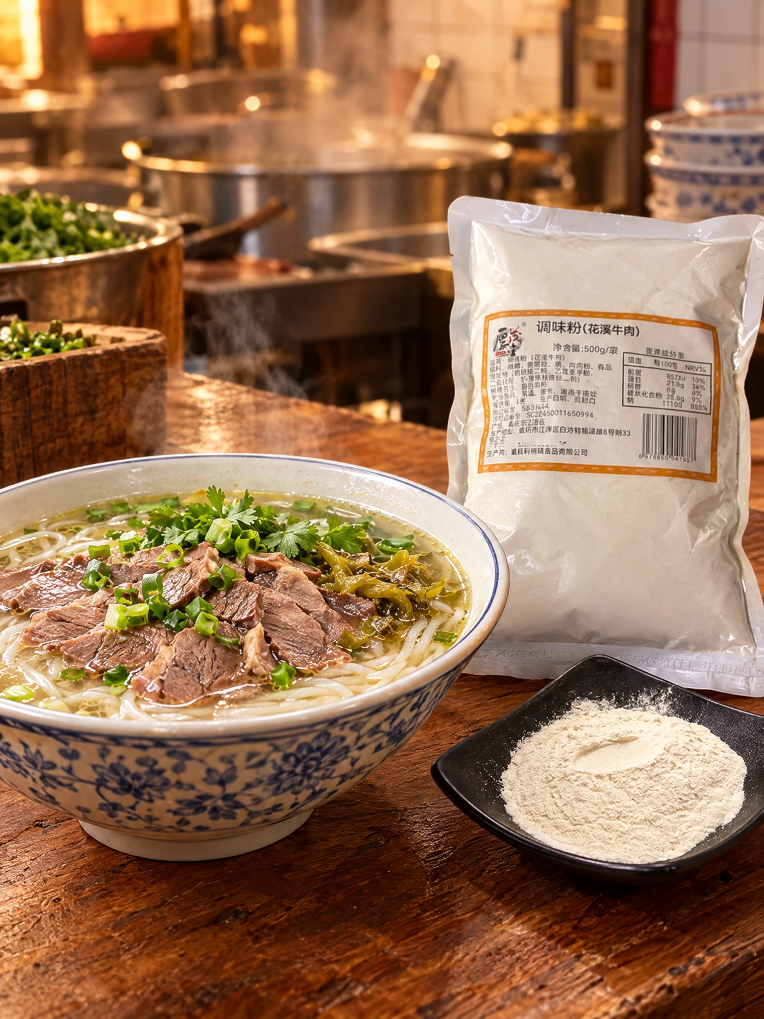 暖调市井简约餐饮商用风格，花溪牛肉粉店后厨场景，木质桌面上放着… - 图片创意预览