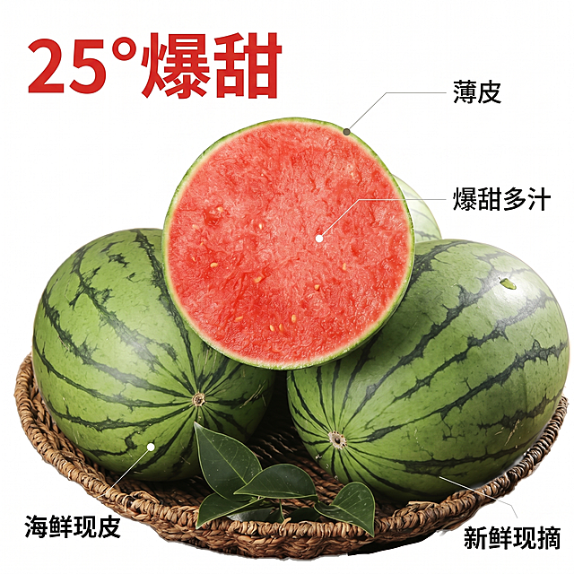 [主图-2] 小糖丸西瓜核心亮点展示图。
[氛围风格] 新鲜自然产地溯源风格，突出产品品质优势；
[画质] 商业摄影质感、光线柔和通透、产品清晰真实、画面干净高级。
[元素] 以切开的半颗小糖丸西瓜放在中心，展示饱满沙瓤果肉，周围标注产品特点，用纤细引线对应产品各部位：标注"薄皮"对应西瓜外皮位置，"爆甜多汁"对应瓜瓤位置，"新鲜现摘"对应整体。保持西瓜外观、颜色、纹理与输入产品图绝对一致，杜绝任何变形色差。商品主体占比约65%，画面满屏无边框。
[光影] 自然暖阳光线，逆光勾勒西瓜轮廓，果肉呈现通透诱人的色泽，突出多汁质感。
[配色] 主色为果肉红色和果皮绿色，白底衬托，干净清晰，对比醒目。
[视角构图] 平视中心构图，产品完整展示，突出细节。
[文字版式] 中心产品，引线标注卖点，左上角大标题"25°爆甜"，大字体红色粗体，清晰醒目。文字都放置在负空间，不遮挡产品主体，字色和背景对比强烈易读。
[比例分辨率] 1:1 比例，2k 分辨率；文字清晰锐利，画面超高清。
[负向提示词] 变形，水印，文字错乱，产品图模糊，背景杂乱，牛皮癣，配色刺眼，遮挡主体。
