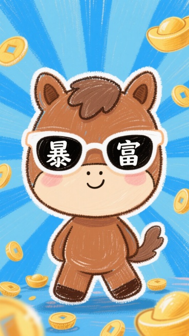 一只描边的Q版卡通金钱马正面（棕色），，带着白色镜框的墨镜，镜片上分别写着"暴"和"富"两个白色字。牛仔蓝背景色（带有放射线），金元宝洒落在牛仔蓝色的背景上预览效果