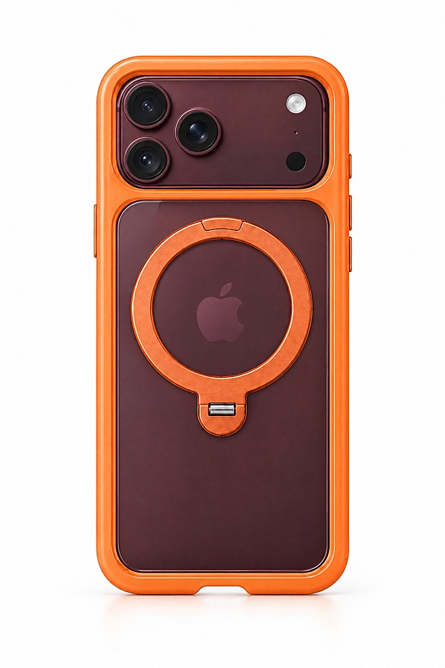 将酒红色iPhone手机装入橙色边框带磁吸指环支架的透明手机壳中，手机完全套入壳内，摄像头从壳的上方开孔露出，背面苹果logo透过透明背板可见，橙色指环支架在手机背面中央位置，整体效果自然真实，产品摄影风格，纯白背景，高清细节