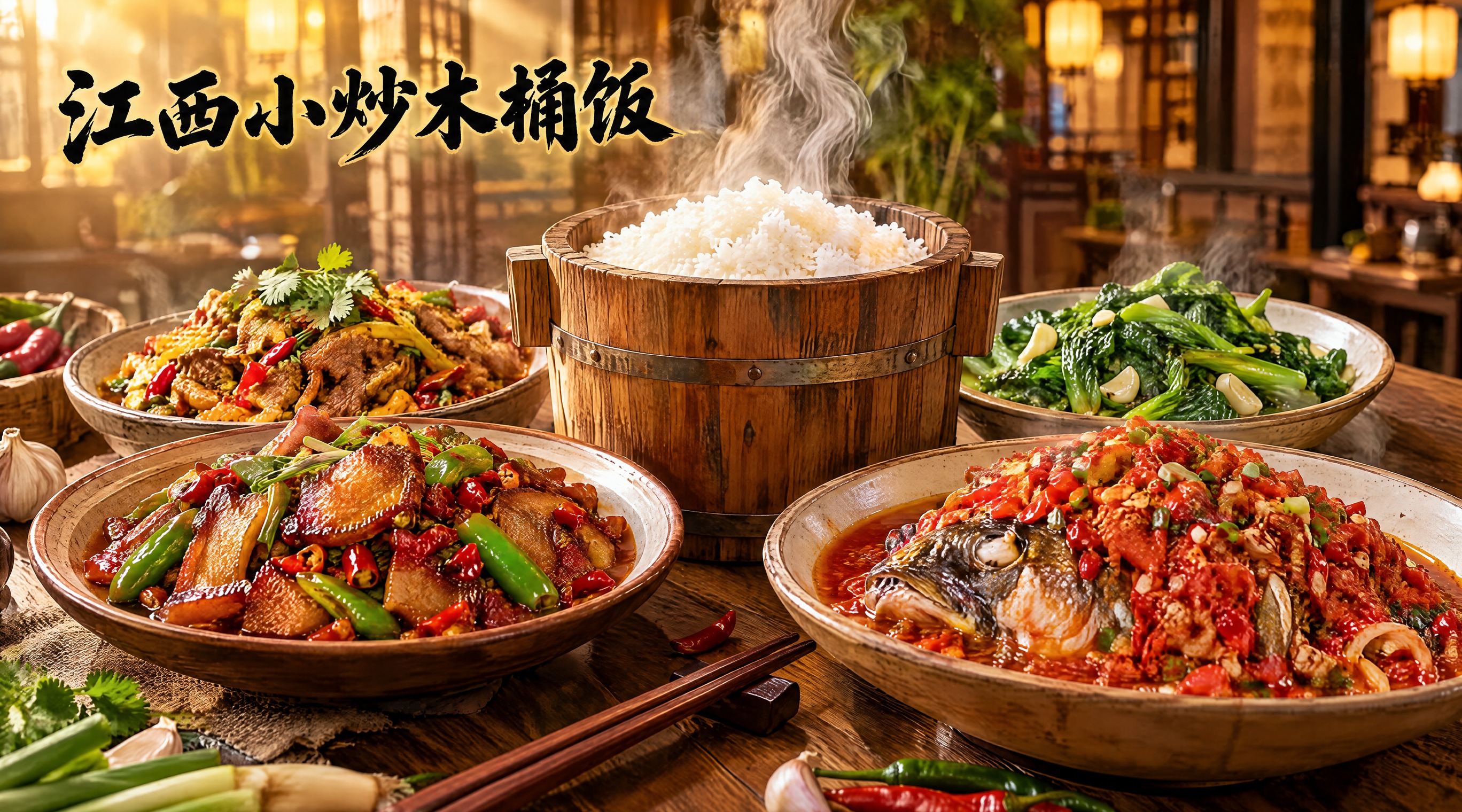 写实美食摄影风格的餐饮店招横幅，画面主体是一桌丰盛的江西小炒木… - 图片创意预览