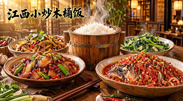 写实美食摄影风格的餐饮店招横幅，画面主体是一桌丰盛的江西小炒木桶饭套餐，木桶饭冒着热气，旁边配有辣椒炒肉、小炒黄牛肉、剁椒鱼头、青菜等多道江西特色小炒，色泽红亮诱人，汤汁浓郁，背景是温暖的木质餐桌和中式餐厅环境，暖黄色灯光，画面左侧或上方有醒目的书法字体店名"江西小炒木桶饭"，整体画面有强烈的食欲感，高清美食摄影，横版构图，不要出现优惠、地址、电话等信息