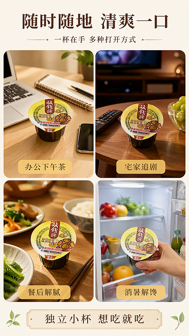 [第4张] 详情页场景种草-双钱牌龟苓膏多场景食用。本张使用【图1】杯装龟苓膏作为各场景产品主体。
[氛围/风格] 生活方式场景风，温馨治愈，真实居家办公感，商业摄影质感。
[元素布局] 画面采用2×2圆角卡片拼图布局，展示四个食用场景：左上-办公室下午茶（桌面放一杯龟苓膏+笔记本+手机）；右上-居家追剧（沙发茶几上放龟苓膏+遥控器）；左下-餐后解腻（餐桌上龟苓膏+碗筷）；右下-消暑解馋（冰箱旁拿取龟苓膏）；每个场景中龟苓膏杯清晰可见，包装与输入图一致；卡片间有浅色分隔。
[光影质感] 每个场景独立打光，整体明亮温馨，自然光感，阴影柔和自然。
[配色色系] 全局底色 #FFF9F0（暖米白）；主色暖黄色、木色；辅助色草本绿、深褐色点缀。
[视角构图] 四宫格拼图布局，阅读动线从左上到右下依次浏览，顶部总标题统领。
[文字版式] 顶部大标题「随时随地 清爽一口」，副标题「一杯在手 多种打开方式」，宋体风格深褐色字；每张场景图下方配小字标签：「办公下午茶」「宅家追剧」「餐后解腻」「消暑解馋」；底部信息条写「独立小杯 想吃就吃」；文字清晰不遮挡产品。
[比例分辨率] 9:16 竖版比例，4K分辨率，文字清晰可辨，高清画质。
[负向提示词] 产品包装变形，文字错乱，场景虚假，水印，颜色偏差，人物乱入，背景杂乱。