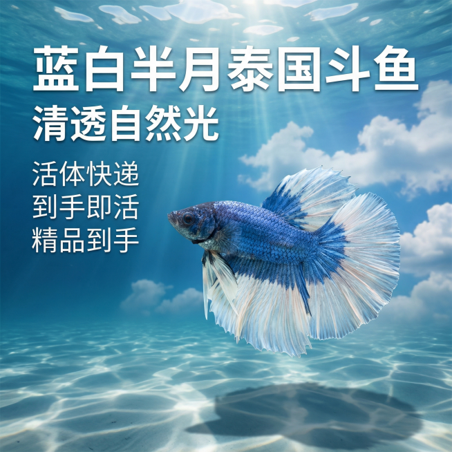 重新生成蓝白半月泰国斗鱼首图，使用清新自然水下场景，阳光从上方穿透水面，背景可见蓝天白云透过水层的光影效果，保留原图斗鱼100%蓝白半月外观，保留原电商排版文案，1:1比例，2k分辨率，通透干净水族电预览效果