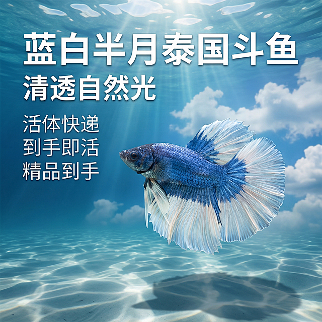 重新生成蓝白半月泰国斗鱼首图，使用清新自然水下场景，阳光从上方穿透水面，背景可见蓝天白云透过水层的光影效果，保留原图斗鱼100%蓝白半月外观，保留原电商排版文案，1:1比例，2k分辨率，通透干净水族电商风格