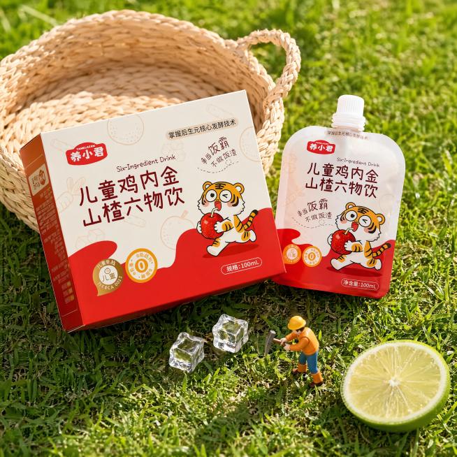 儿童饮品包装（一盒一袋两款产品），严格参照上传产品图，完整保留所有可见组件、部件、轮廓形状、结构、比例、材质质感、颜色与产品本体上的文字信息，两款产品不得穿模重叠，保留合理物理空间，盒子与吸袋错落摆放预览效果
