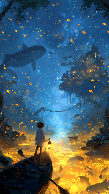 Wide-angle, low perspective shot of a magical night journey. From behind, we see a small child in ru预览效果