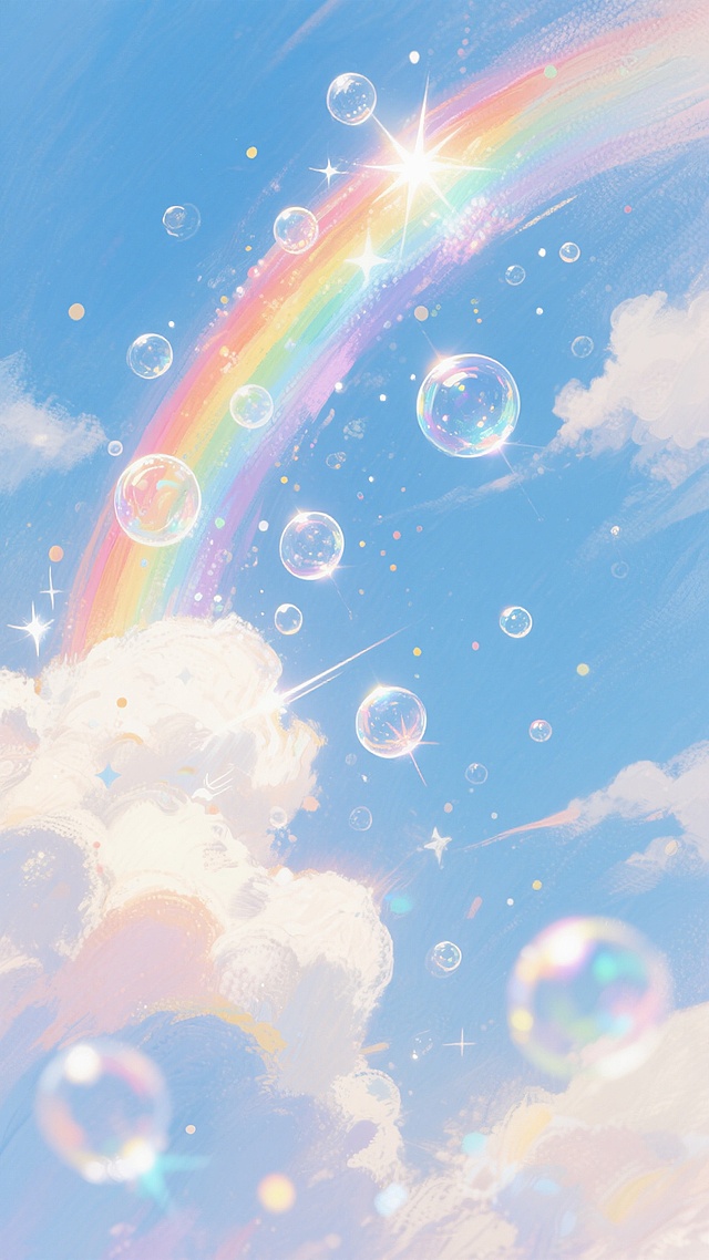 彩虹下漂浮着许多透明的小气泡，气泡表面有彩虹般的光泽，背景是蓝天白云，阳光明媚，整体画面充满梦幻和童趣