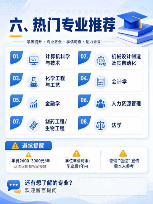 设计一张和前面相同风格配色的竖版图文海报，包含标题"六、热门专业推荐"，列出推荐专业：计算机科学与技术、机械设计制造及其自动化、化学工程与工艺、会计学、金融学、人力资源管理、制药工程/生物工程、法学，预览效果