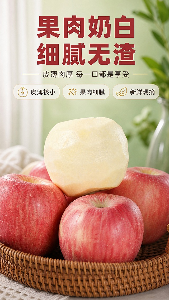 [商品] 使用【图2】陕西红富士苹果削皮果肉图；保留削皮苹果的奶白色果肉、细腻质地、真实形状和自然光泽，果肉颜色和纹理不改变。
[画面] 目标：削皮果肉页，展示果肉细腻奶白、新鲜度高。构图：中心主体式，削皮后的苹果位于画面正中央，占据画面约50%，削皮果肉朝向观众，表面光滑细腻有自然光泽。下方和周围环绕带皮的完整红苹果作为对比，放置在编织篮中。背景为浅绿色墙面和白色窗帘虚化，形成前景削皮苹果+中景带皮苹果+背景窗帘墙面3层景深。
[视觉] 套系策略：风格=生鲜农特清新自然商业摄影风；标题字=粗黑体厚重有力；正文字=简洁无衬线体；主色=苹果红+自然绿；背景延展=基于浅绿+米白做深浅层级、同色渐变和细腻纸张/织物质感；强调色=暖金色，仅用于小面积图标、引线和标签；标题色=深苹果红；正文色=深暖灰；组件=圆角浅底信息卡、细线引线、小图标；光影=左前侧自然柔光，突出削皮果肉的奶白细腻质感。
[文字] 画面上方主标题"果肉奶白 细腻无渣"，副标题"皮薄肉厚 每一口都是享受"，下方3个卖点："皮薄核小"、"果肉细腻"、"新鲜现摘"。文字区位于画面上方约25%区域，全部横排，字号保证手机端清晰可读，不遮挡削皮果肉主体。
[规格] 图片比例9:16竖版，4K，避免变形、错字、文字过小、果肉颜色改变、质地失真、冷蓝/蓝灰背景、绝对化用语。