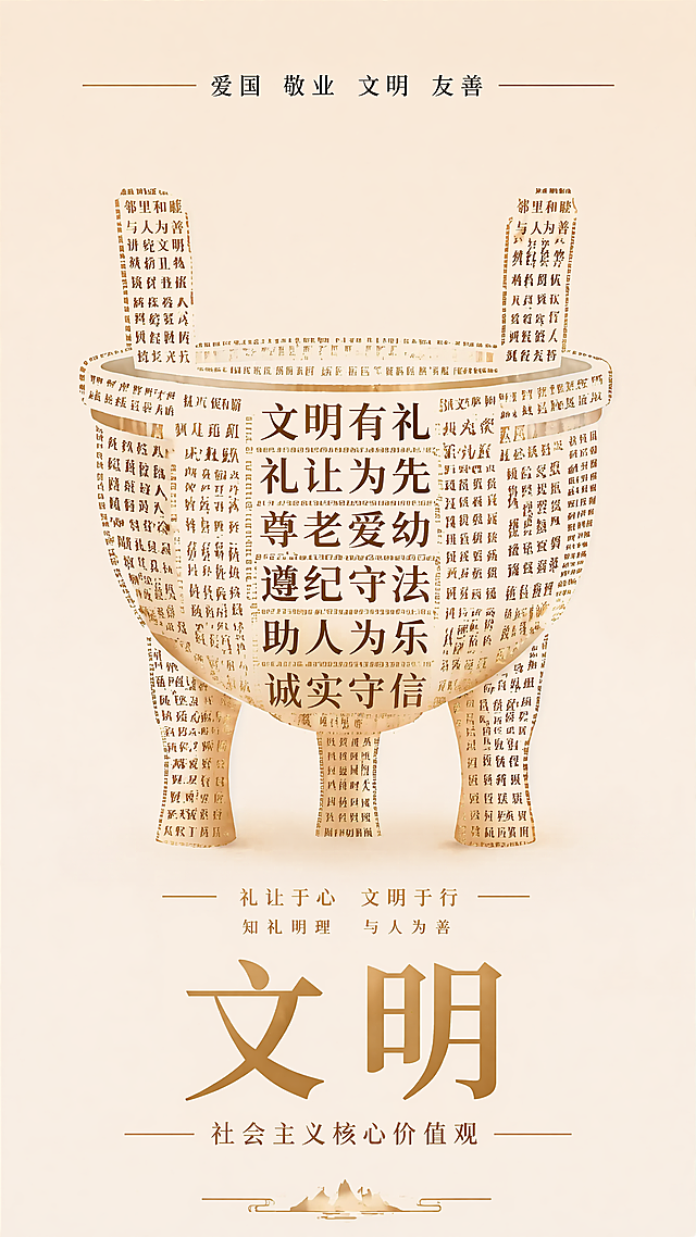 新中式国风文明主题宣传海报，复刻参考图版式骨架：顶栏小字，主体是鼎形文字构图，底部大标题，暖米浅金色调，简约大气文化感。顶栏文案："爱国 敬业 文明 友善"。鼎形主体由文明相关词汇文字构成，中心文字："文明有礼 礼让为先 尊老爱幼 遵纪守法 助人为乐 诚实守信"。底部大标题："文明"，副标题："社会主义核心价值观"，所有文字清晰可读，字体层级分明，版式精美，4K超高清。