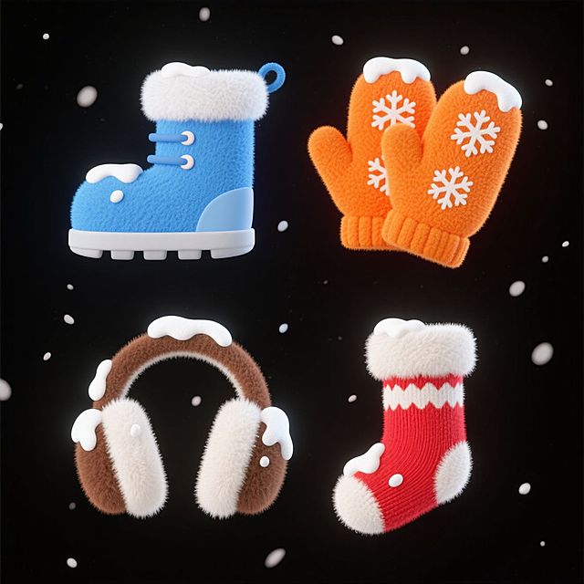 4个冬季服饰素材组合，每个元素上都沾着积雪，分别是：一只蓝色雪地靴、一双橙色有小雪花图案的手套、一双红色袜子、一个棕白拼接的耳罩；元素上下两行整齐排列，黑色背景。