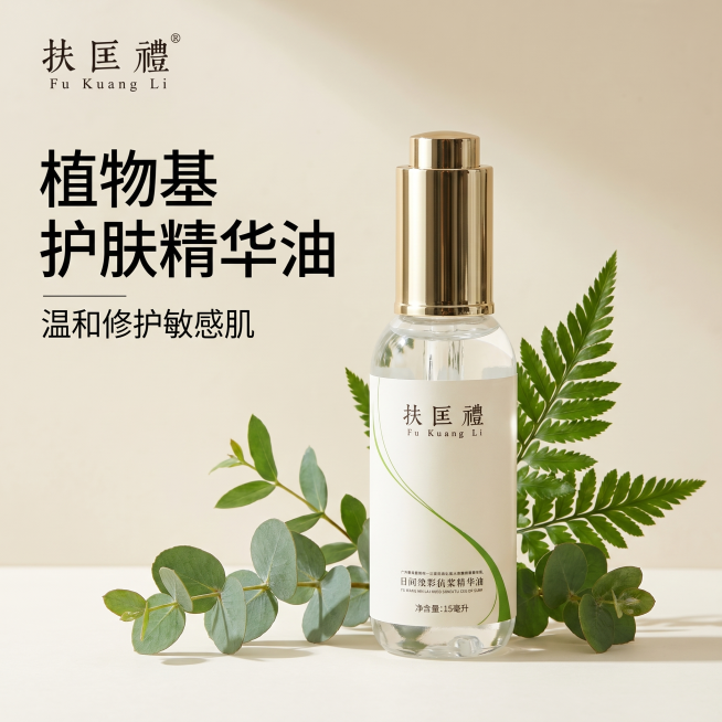 [主图-1] 扶匡礼植物基护肤精华油首图，东方简约植萃风，纯净自然氛围感；商业摄影质感，光线柔和通透，产品清晰真实，画面干净高级；产品居中放置，背景为浅米白色简约背景，点缀新鲜翠绿植萃叶片，营造天然植预览效果