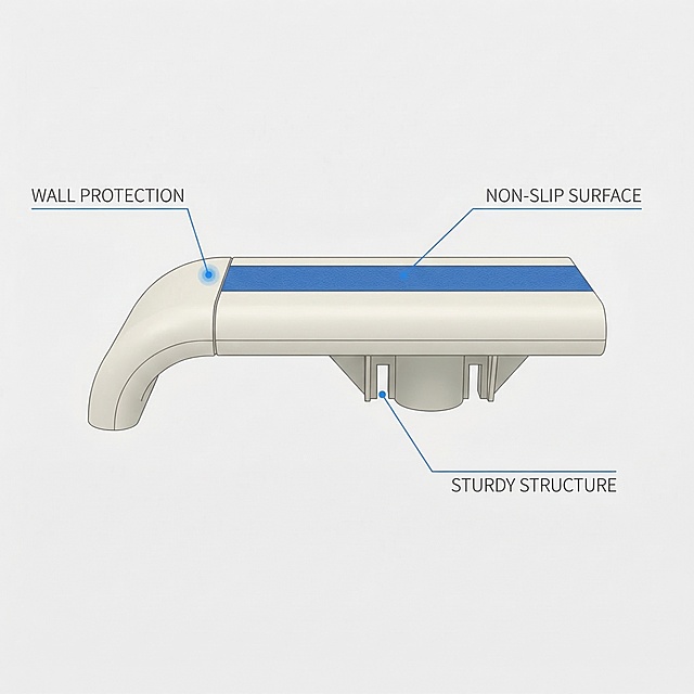 3. [垫图] https://gdesign-dam-hz.dancf.com/35896891329207441/da367645ce4f47e981726cfd8b80a583.jpg
[主图主题] Hospital Corridor Handrail core functions display
[氛围/风格] Clear technical illustration style, comfortable minimalist, professional and intuitive
[画面元素] The product handrail is placed in the center, three thin technical lead lines connect the core functional parts of the product. The end of each lead has a small highlight dot, which respectively mark the wall protection layer, anti-slip surface and sturdy mounting structure, showing the functional structure of the product.
[配色色系] Main color: off-white product + pure light gray background, blue as accent color, the lines are clear and contrasting
[视角构图] Flat front perspective, the product is centered, the focus is clear
[文字版式] Three functions are marked with English text next to the lead:  " WALL PROTECTION "  " NON-SLIP SURFACE "  " STURDY STRUCTURE ", the font is fine sans-serif, dark gray, the layout is clean and hierarchical