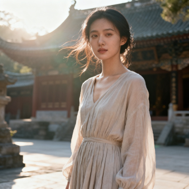 超逼真人像摄影，亚洲美女写真，清晨古寺场景，自然光影，柔焦逆光效果，美女拥有细腻真实肤质，微风轻拂发丝，身着淡色长裙，清晰展现裙子褶皱细节，禁止画作、卡通、塑料感、网红脸、畸形形象，写实真实摄影风格预览效果