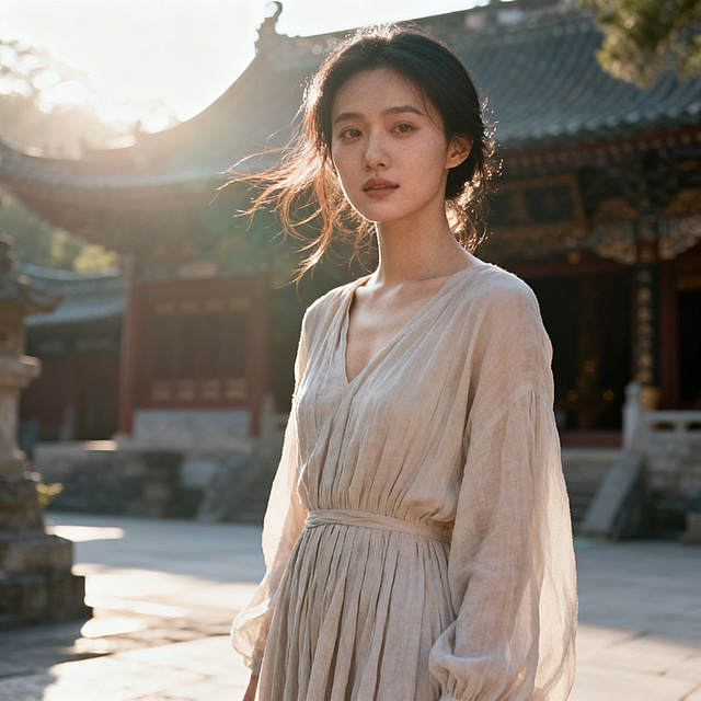 超逼真人像摄影，亚洲美女写真，清晨古寺场景，自然光影，柔焦逆光效果，美女拥有细腻真实肤质，微风轻拂发丝，身着淡色长裙，清晰展现裙子褶皱细节，禁止画作、卡通、塑料感、网红脸、畸形形象，写实真实摄影风格