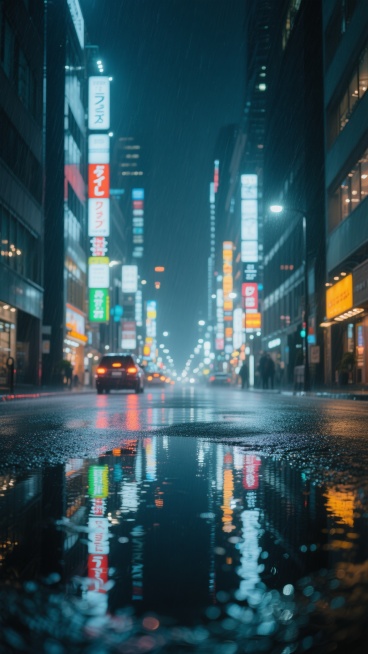 雨夜中的东京新宿街道，湿漉漉的地面倒映着霓虹招牌与车灯的斑斓光影，两侧高楼大厦林立形成深邃的城市峡谷，远景灯光虚化呈现梦幻光斑效果，冷色调与暖光交织营造出静谧而繁华的都市夜景氛围，地面水洼清晰映照建筑轮廓与灯光色彩，低角度仰拍突出街道纵深感，雨后湿润的柏油路面质感细腻，空气中弥漫着朦胧的湿润气息。预览效果