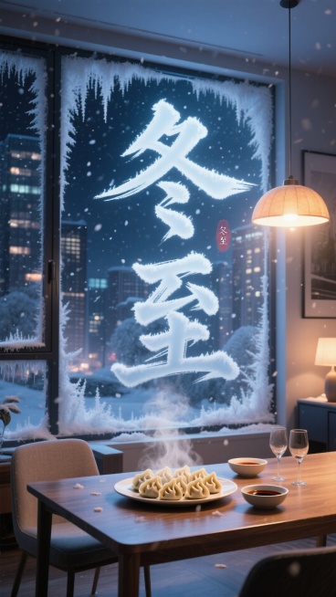 电影镜头感，冬至深夜，一座现代都市公寓中。镜头透过凝结着冰霜的落地窗，窗外是漫天飞雪和模糊的城市夜景。室内，餐桌上是一盘刚出锅的饺子，蒸汽袅袅升起，在暖色吊灯的照射下形成美丽的光晕。旁边放着醋碟和几个预览效果