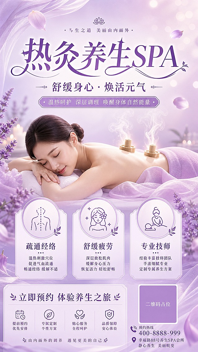 一张优雅淡紫色调的热灸养生SPA美容宣传海报，竖版9:16，养生美容风格。画面整体采用淡紫、薰衣草紫、浅粉紫渐变色调，柔和高级有质感。背景为朦胧的淡紫色渐变，点缀飘逸的轻纱、花瓣和柔和光斑，营造静谧舒缓的养生氛围。画面中央偏上位置是大主标题"热灸养生SPA"，字体优雅柔美，深紫色或白色。主标题下方是副标题"舒缓身心 · 焕活元气"，字号稍小。中部偏下有三个圆形或卡片式卖点图标，分别标注"疏通经络""舒缓疲劳""专业技师"，每个卖点配简洁小图标。底部有预约引导文字"立即预约 体验养生之旅"，右下角有一个淡紫色纯色方块二维码占位符，方块中央标注"二维码占位"文字。版式精美，层次分明，四周留有安全边距，文字清晰可读。整体氛围宁静、优雅、治愈，符合高端美容养生SPA调性。画面中所有信息区域、卖点卡片、引导区域必须填充完整合理的内容，不得出现空白框、空白占位、横线待填写区域、空列表项、空单元格，确保是完整可用的成品海报而非待填写模板。画面中所有二维码区域使用纯色方块占位符呈现，方块中央标注"二维码占位"文字，严禁生成任何可识别的二维码图案。