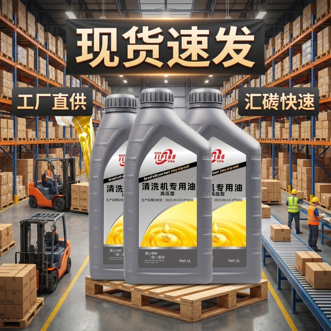 创意电商主图，高压清洗机专用油产品，背景替换为物流仓储发货场景，多瓶产品整齐堆叠，突出现货速发、工厂直供的属性，画面充满工业仓储的真实氛围感，电商视觉风格，1:1正方形构图预览效果