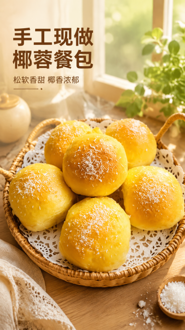 [主图-1] 椰蓉餐包食欲氛围首图。
[氛围风格] 温馨厨房烘焙场景，浓郁食欲感；
[画质] 商业摄影质感、光线柔和通透、产品清晰真实、画面干净高级。
[元素] 六个椰蓉餐包整齐摆放在编织篮中，铺着白预览效果