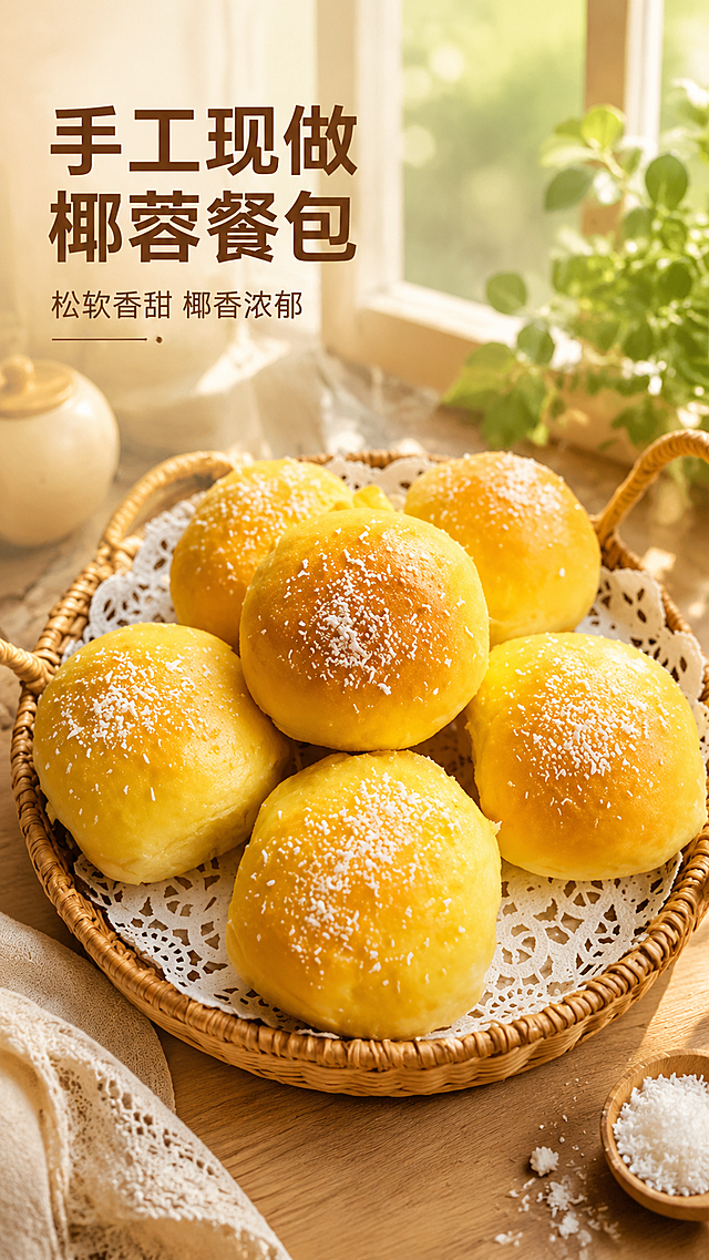 [主图-1] 椰蓉餐包食欲氛围首图。
[氛围风格] 温馨厨房烘焙场景，浓郁食欲感；
[画质] 商业摄影质感、光线柔和通透、产品清晰真实、画面干净高级。
[元素] 六个椰蓉餐包整齐摆放在编织篮中，铺着白色蕾丝餐布，餐包保持原有的金黄外观、表面撒着均匀的白色椰蓉，外观结构颜色和原图完全一致，杜绝任何变形和色差，精细化处理。背景为柔和的原木色厨房台面，窗边自然绿植点缀，整体氛围温馨治愈。商品主体占比严格控制在 60%-80% 之间，满屏无边框。
[光影] 清晨窗边自然暖阳逆光，勾勒出餐包松软的轮廓，让椰蓉颗粒清晰有光泽，暖色调柔和不刺眼，背景虚化突出主体。
[配色] 主色调为暖黄色，搭配原木棕、白色点缀，整体温暖治愈。
[视角构图] 平视角度，主体居中构图，景深适中，轮廓完整不裁切。
[文字版式] 左上负空间左对齐留安全边距，大字文案“手工现做 椰蓉餐包”，暖棕色粗体无衬线，辅助短句“松软香甜 椰香浓郁”，字号约为大字一半，同色系浅调。文字不遮挡产品主体，清晰易读。
[比例分辨率] 9:16 比例，2k 分辨率，文字清晰锐利，画面超高清。
[负向提示词] 变形，水印，文字错乱，产品图模糊，背景杂乱，椰蓉分布不均，颜色失真