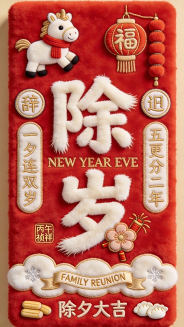 【马年除夕毛茸茸国潮红包设计】材质与色调：采用正红色短绒为基底，主视觉元素使用蓬松长绒材质塑造立体感，点缀浅金植绒与奶白毛绒细节，整体呈现节庆团聚的温暖质感。核心视觉元素：中央以奶白色蓬松长绒材质塑造预览效果