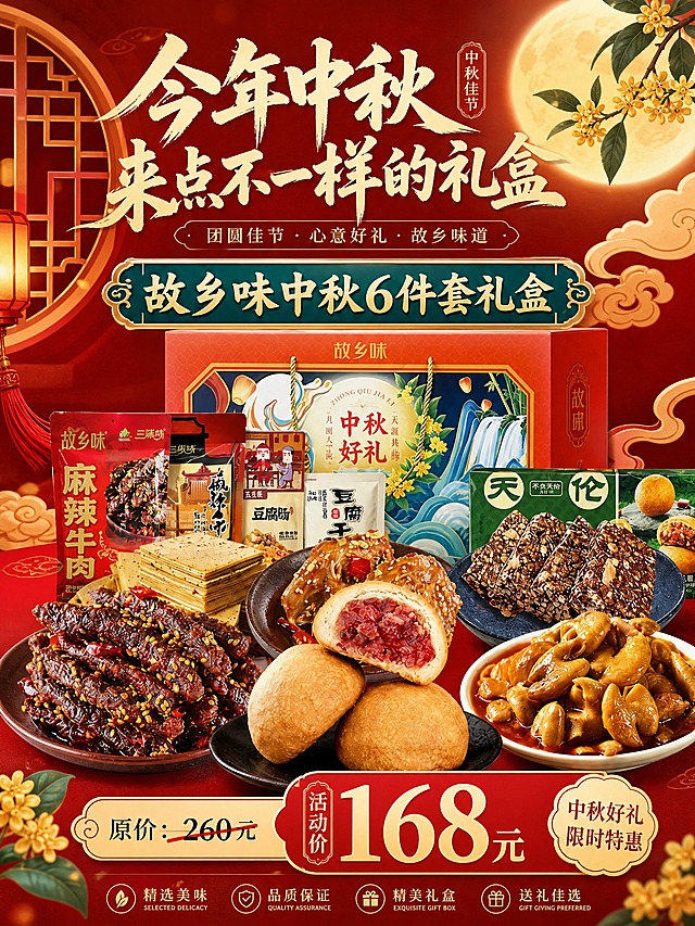 中秋礼盒促销海报，3:4竖版，中国风喜庆氛围。画面主体展示故乡味中秋6件套礼盒及礼盒内的麻辣牛肉、云腿月饼、豆腐干、胡豆、花生酥、黑糖糕点等丰富零食产品，产品清晰有食欲。背景为暖红色调，点缀圆月、祥云、桂花、中式窗棂等中秋元素，营造浓厚中秋节日氛围。画面上方大字标题："今年中秋来点不一样的礼盒"，中间突出产品名称："故乡味中秋6件套礼盒"，下方价格信息：原价260元划掉，活动价168元醒目突出。整体画面精致大气，商业海报质感，色彩饱满，构图均衡。