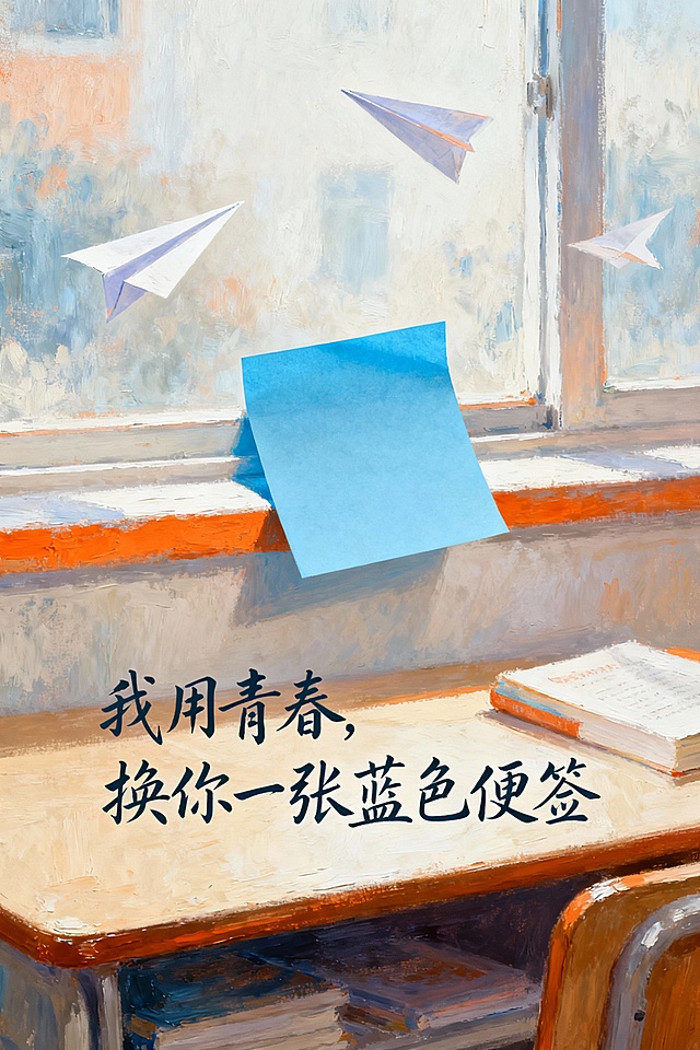 生成一张适用于《我用青春，换你一张蓝色便签》的小说封面，要求画面唯美，合规，主色不超过三种，冷暖色适配题材，避免元素堆砌，字体使用书法体或创意体，配色柔和，细节精致。整体用色彩画