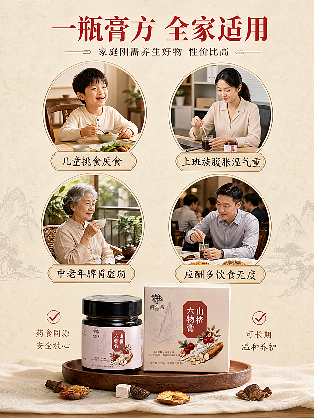 [第6张] 四大适用人群-全家通用场景展示页。本张使用【图1】瓶+盒组合作为底部中心商品。
[氛围/风格] 中式温润国风 生活场景化 暖米杏色底 温馨家庭感 与全套视觉统一。
[元素布局] 画面采用2x2圆形场景图布局 四个圆形各占画面约20% 分别表现四类人群 左上 儿童青少年 孩子坐在餐桌前开心吃饭的温馨场景 右上 上班族 办公室女性冲调膏方的轻办公场景 左下 中老年人 长辈居家阳台养生喝茶场景 右下 饮食应酬 聚餐后男士冲调调理场景 每个圆形场景风格统一 温暖生活化 人物为亚洲面孔 自然真实 画面下半部分中央放置产品瓶+盒组合 占比约30% 两侧有对勾符号 背景为浅米色宣纸纹理。
[光影质感] 场景图柔和自然光感 产品区明亮清晰 整体温暖有生活气息 产品有自然阴影 人物光影自然。
[配色色系] 全局底色 #F5EDE0 暖米杏色 圆形场景图各有主色调但整体暖调统一 标题朱红 #B83A2A 正文深棕 #5C3D2E 产品真实原色。
[视角构图] 正面平视 阅读动线顶部标题 → 中部四宫格人群场景 → 底部产品总结。
[文字版式] 顶部居中主标题「一瓶膏方 全家适用」粗宋体 朱红色 副标题「家庭刚需养生好物 性价比高」细宋体 深棕色 四个圆形场景下方分别标注 儿童挑食厌食 上班族腹胀湿气重 中老年脾胃虚弱 应酬多饮食无度 底部产品旁细宋文案「药食同源 安全放心 可长期温和养护」全套统一字体风格。
[比例分辨率] 3:4 竖版比例 4K 分辨率 文字清晰可辨 高清画质。
[负向提示词] 人物面部扭曲 产品变形 医疗病症图 水印 文字过小 背景杂乱。