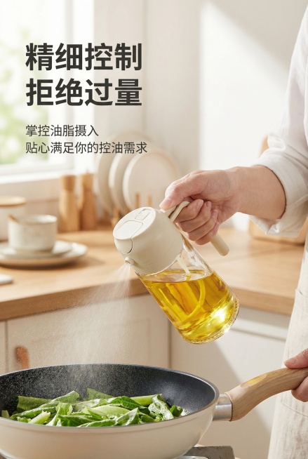 [主图3] 精细控油卖点展示。[氛围/风格] 真实烹饪场景，自然明亮光线。[画面元素] 女生手持油壶往平底锅蔬菜上控油，展示精准出油控制，产品主体突出，背景虚化厨房。[配色色系] 暖调自然色系，绿色蔬预览效果