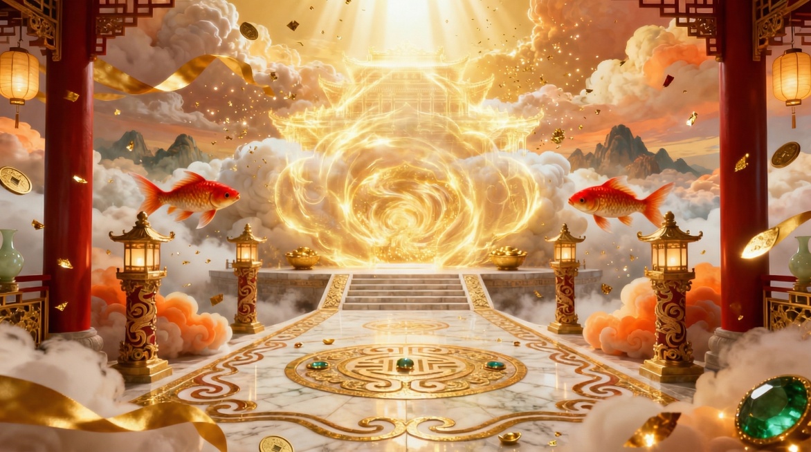 将图片中心的实体建筑替换成比较虚的金色发光能量体，保留其他元素：云端的如意聚财门，玉石鎏金主路，两侧红柱宫灯，两条金红锦鲤，漂浮金粒金箔，祥云环绕，红金暖色调，维持原有祥瑞聚财的新中式幻境风格，保持1预览效果