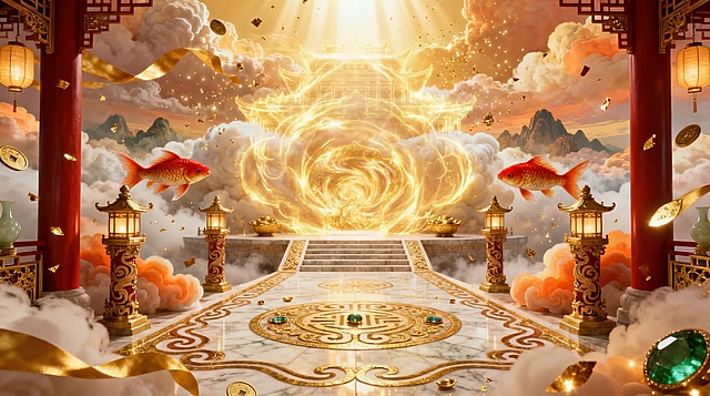 将图片中心的实体建筑替换成比较虚的金色发光能量体，保留其他元素：云端的如意聚财门，玉石鎏金主路，两侧红柱宫灯，两条金红锦鲤，漂浮金粒金箔，祥云环绕，红金暖色调，维持原有祥瑞聚财的新中式幻境风格，保持16:9构图