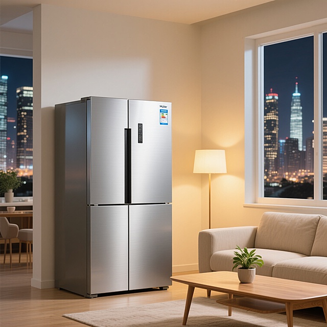 银色双门海尔冰箱，拉丝金属质感表面，门上贴有蓝色能效标签，放置在现代简约风格的客厅角落，背景是米色布艺沙发和原木茶几，茶几上摆放着绿植盆栽，窗外是繁华都市夜景，室内柔和暖黄色灯光，整体明亮通透，温馨舒适的家居氛围，高清写实摄影，自然光线，清晰细节，柔和阴影。